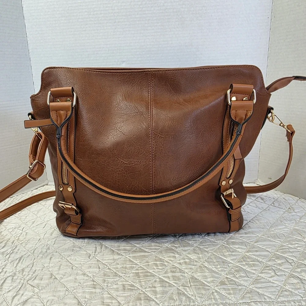 New Brown Soft Faux Leather Elegant Hobo Tote Bag with Crossbody Strap for Women